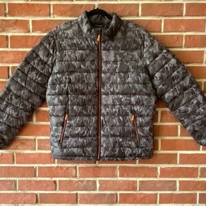 Men’s Zip Puffer Black Grey Camouflage Jacket Size L
